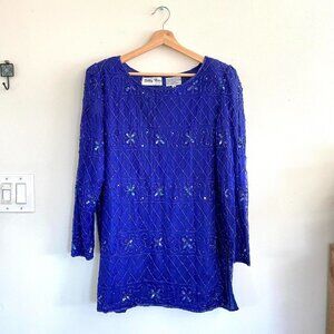 SILKY NITES NEW YORK VINTAGE BLUE SILK SEQUIN MINI DRESS BEADED SIZE LARGE